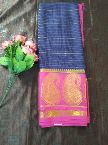 Blue stripes Mysore Semi Crepe silk saree with Mango border