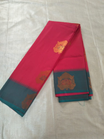 Red with Green border with big chariot buttas semi silk
