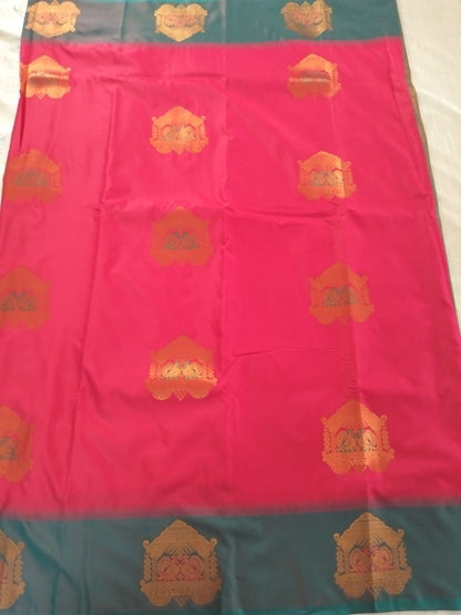 Red with Green border with big chariot buttas semi silk