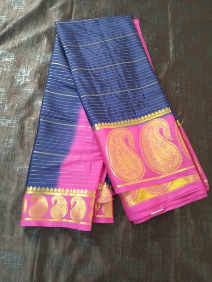 Blue stripes Mysore Semi Crepe silk saree with Mango border