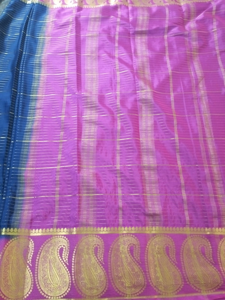 Blue stripes Mysore Semi Crepe silk saree with Mango border