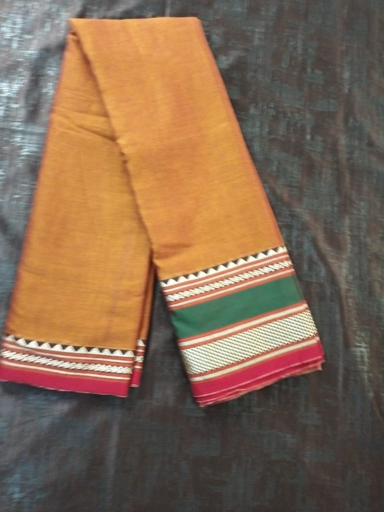 Mustard Yellow with green border Meenakshi Cotton Saree