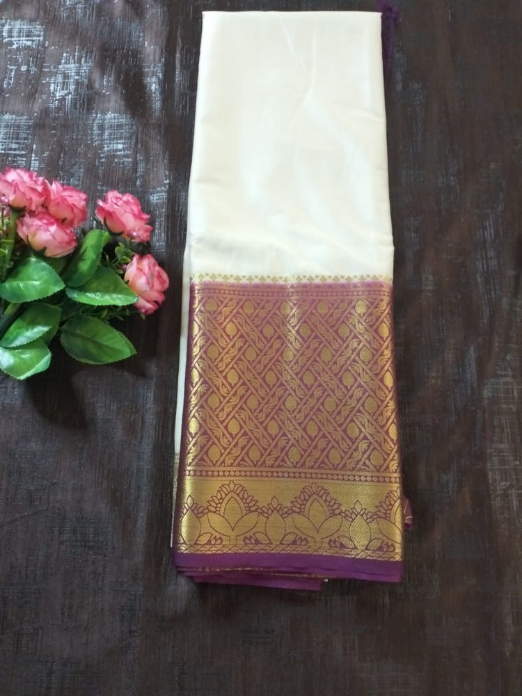 Peral white with Heavy golden border with purple Touch Mysore Semi Crepe silk saree