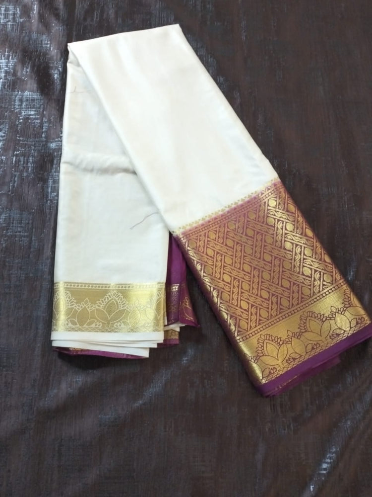 Peral white with Heavy golden border with purple Touch Mysore Semi Crepe silk saree