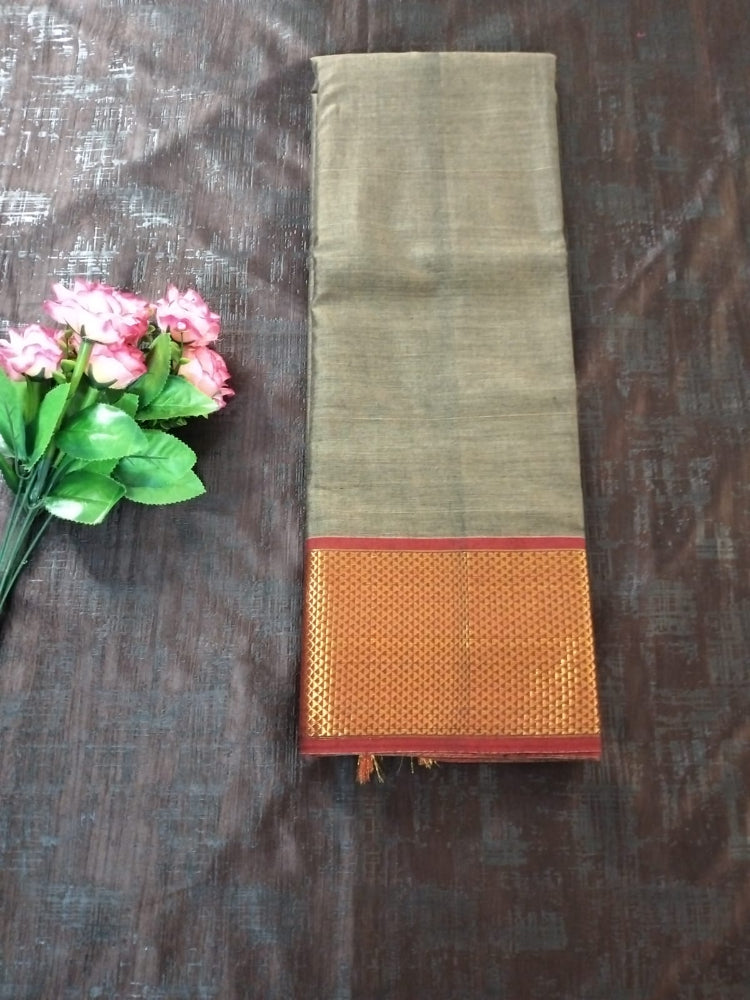 Brown colour with red Golden border Meenakshi Cotton Saree
