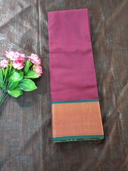Wine colour with Green Golden border Meenakshi Cotton Saree