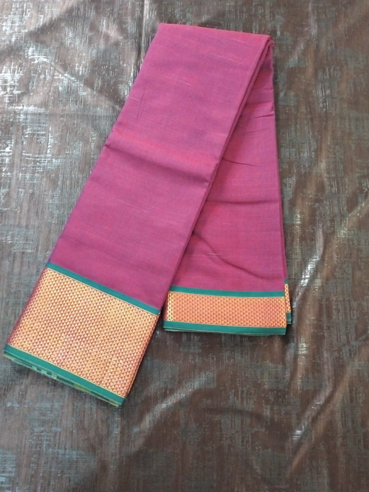 Wine colour with Green Golden border Meenakshi Cotton Saree