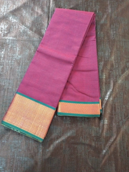 Wine colour with Green Golden border Meenakshi Cotton Saree