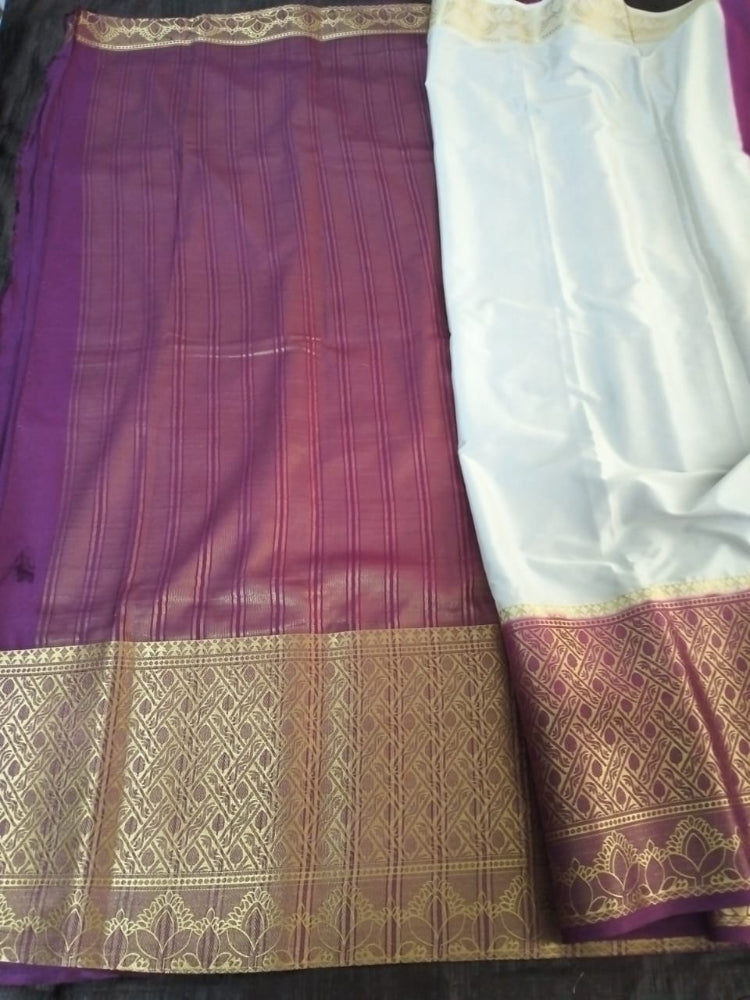 Peral white with Heavy golden border with purple Touch Mysore Semi Crepe silk saree