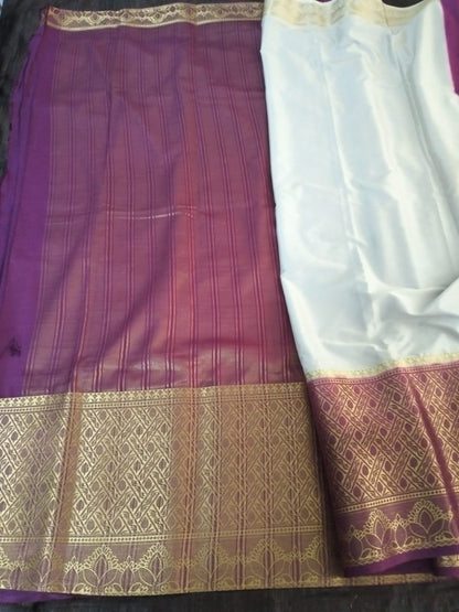 Peral white with Heavy golden border with purple Touch Mysore Semi Crepe silk saree