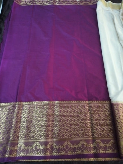 Peral white with Heavy golden border with purple Touch Mysore Semi Crepe silk saree