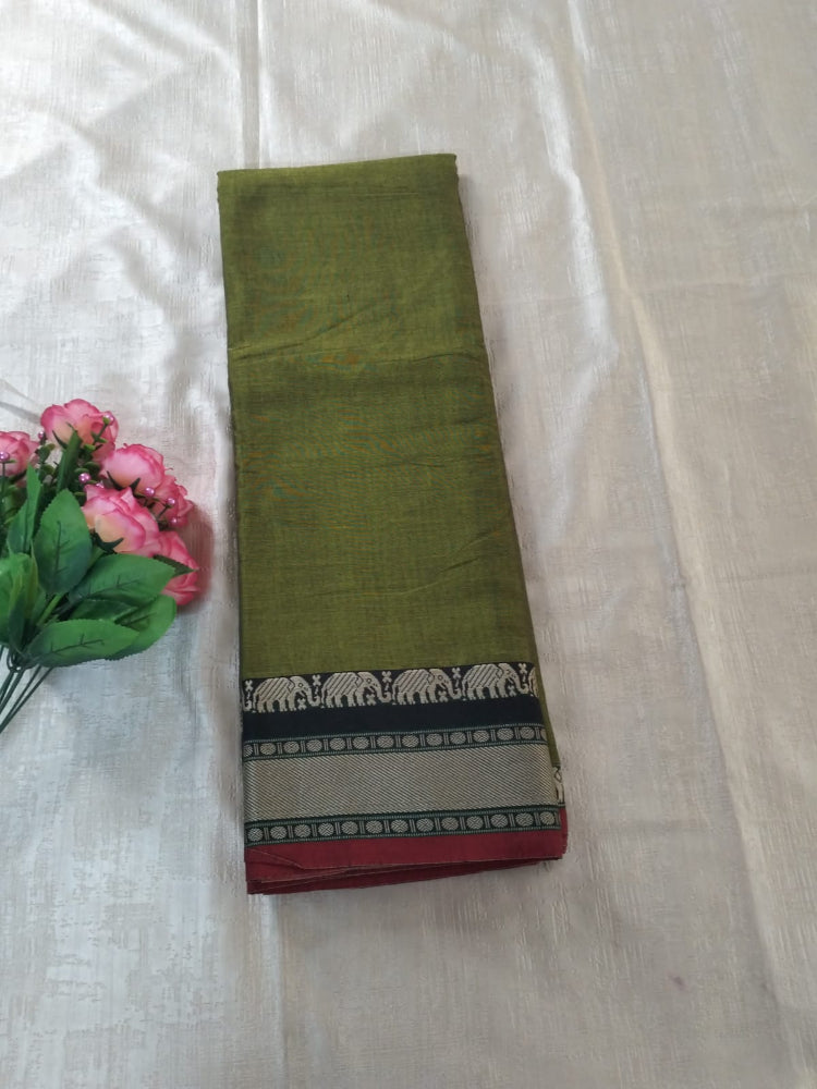 Green colour with grey Elephant border Meenakshi Cotton Saree