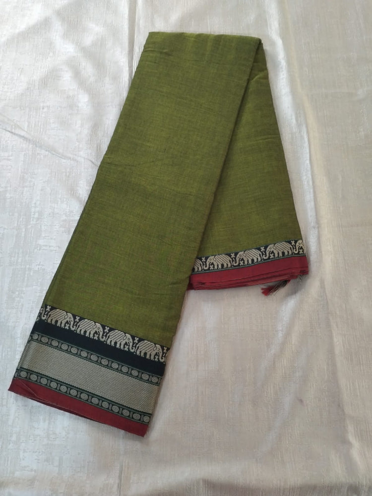 Green colour with grey Elephant border Meenakshi Cotton Saree