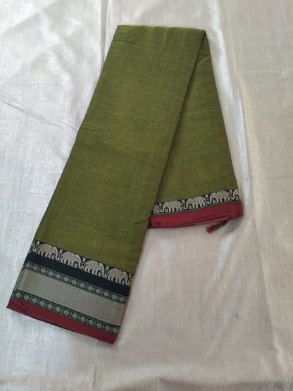 Green colour with grey Elephant border Meenakshi Cotton Saree
