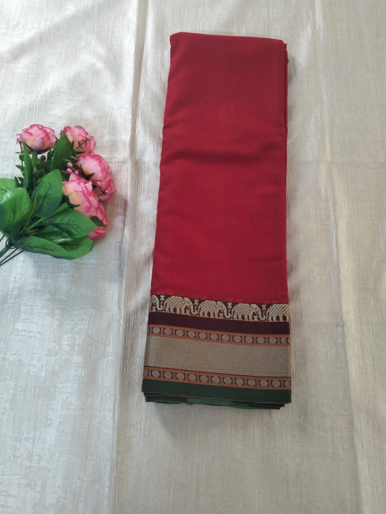 Red colour with grey Elephant border Meenakshi Cotton Saree