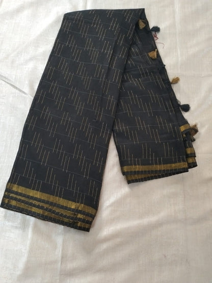 Black Linen cotton saree with border hand beaded for party wear