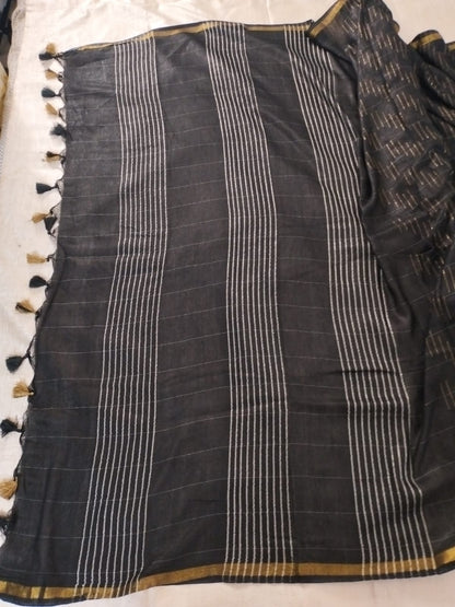 Black Linen cotton saree with border hand beaded for party wear