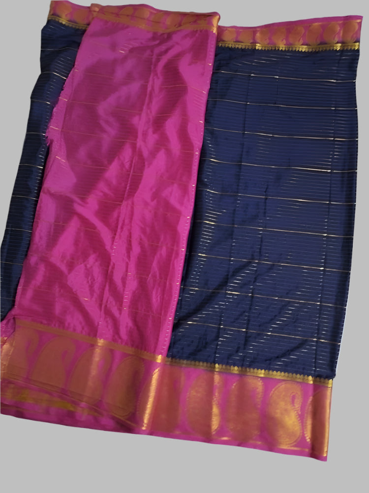 Blue stripes Mysore Semi Crepe silk saree with Mango border