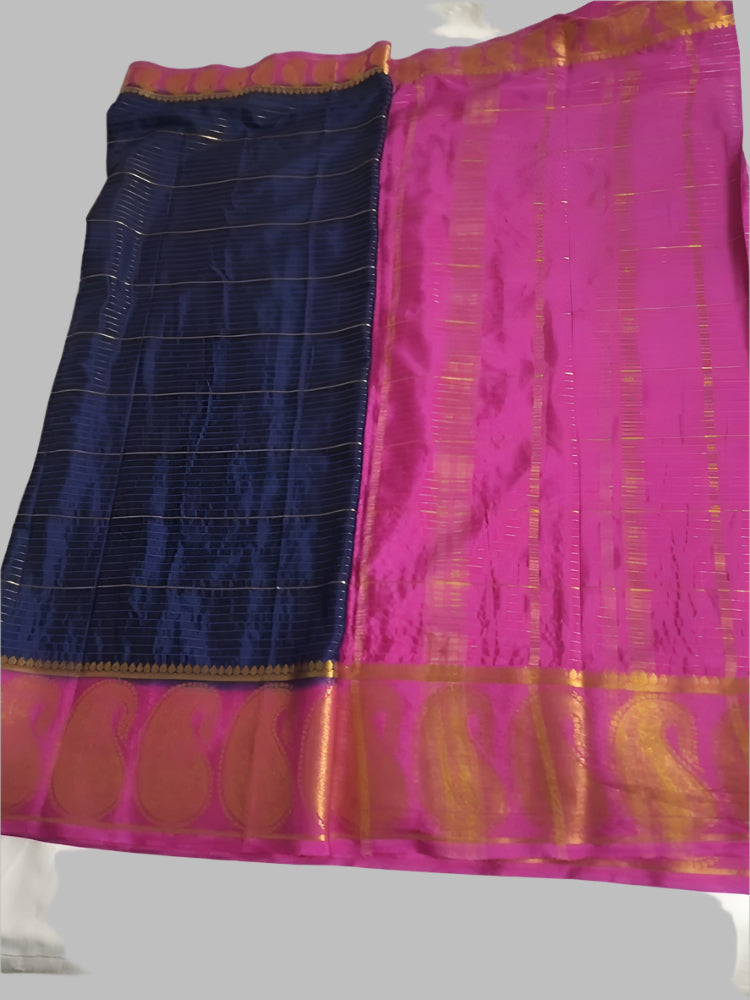 Blue stripes Mysore Semi Crepe silk saree with Mango border