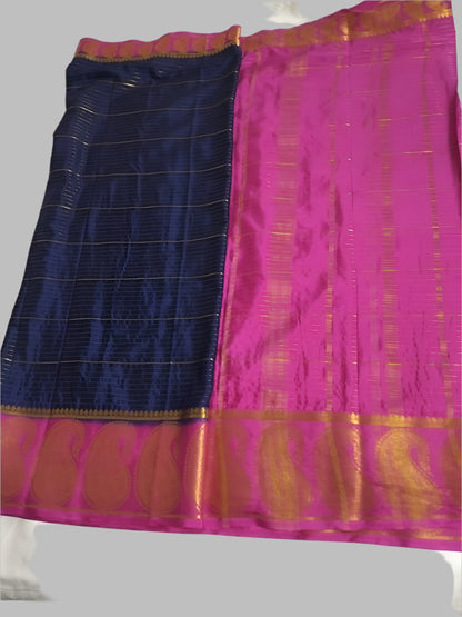 Blue stripes Mysore Semi Crepe silk saree with Mango border
