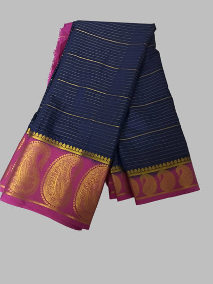 Blue stripes Mysore Semi Crepe silk saree with Mango border
