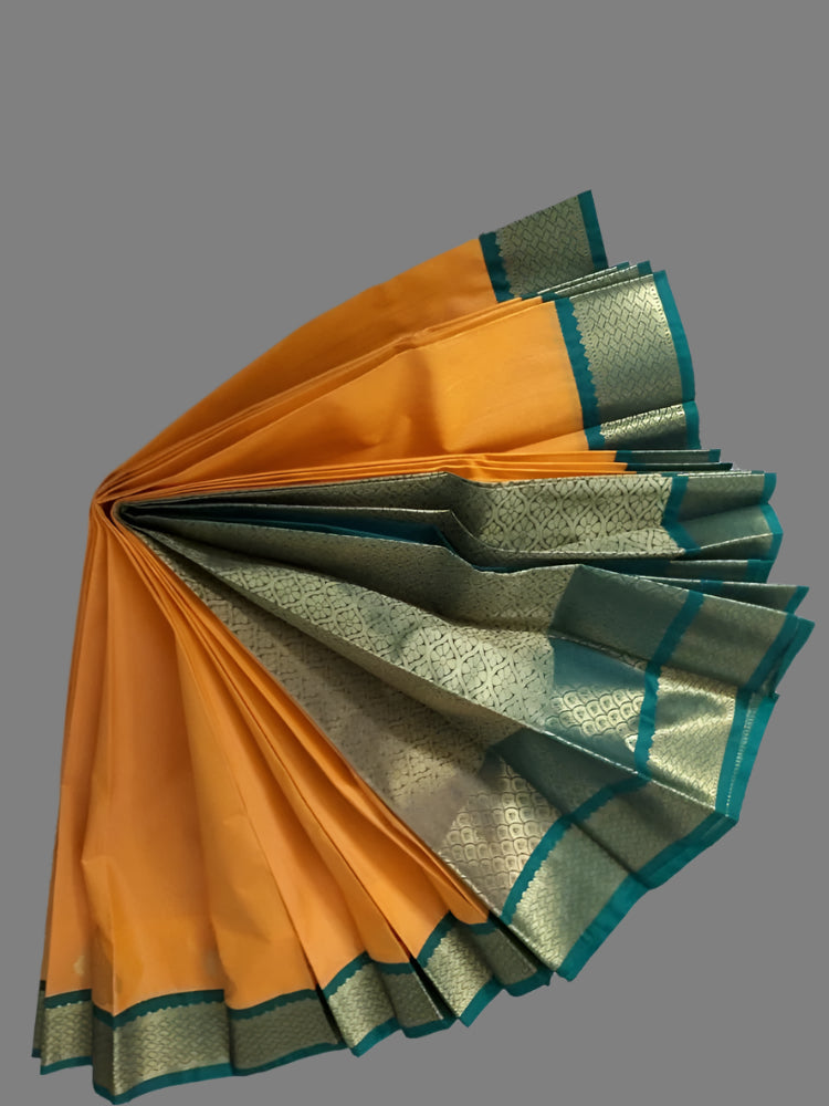 Fine Yellow N Green with Buttas and zari border in Semi kanchipuram silk