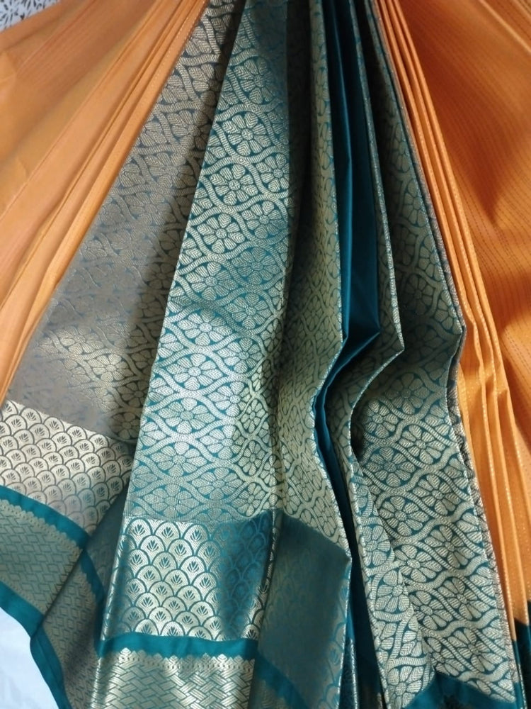 Fine Yellow N Green with Buttas and zari border in Semi kanchipuram silk