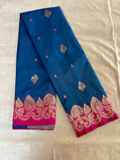 Blue with rani Pink base heavy border semi silk saree