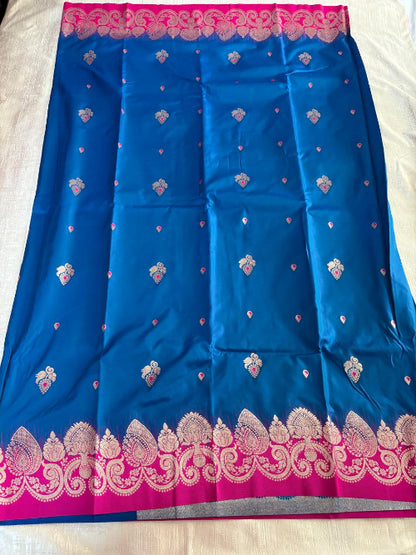 Blue with rani Pink base heavy border semi silk saree