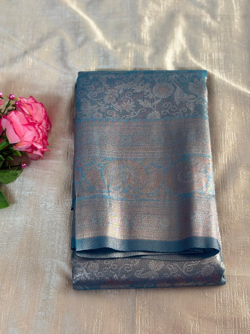 Blue with Rose gold colur  heavy  border semi silk saree