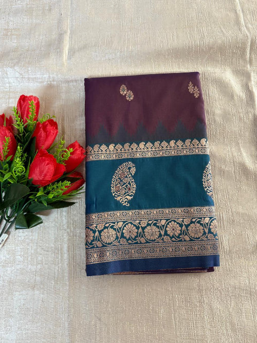 Coca cola colur with blue base heavy double border semi silk saree