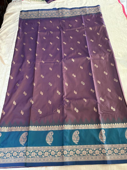 Coca cola colur with blue base heavy double border semi silk saree
