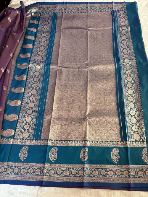 Coca cola colur with blue base heavy double border semi silk saree