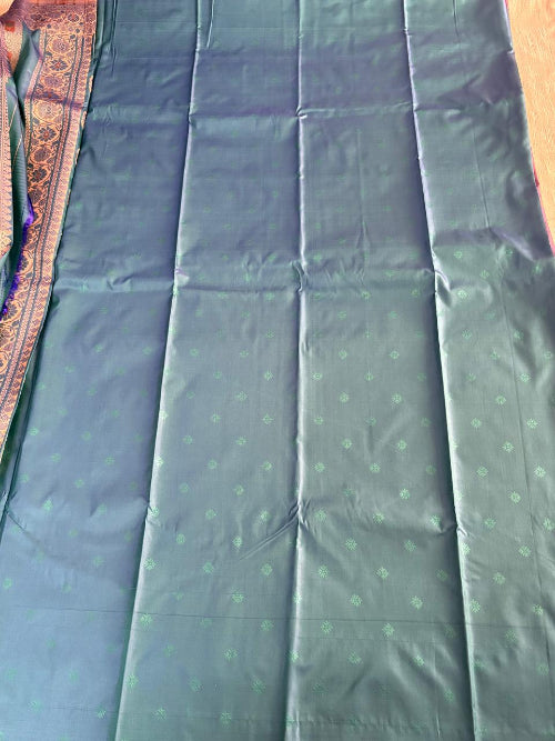 Coca cola colur with blue base heavy double border semi silk saree