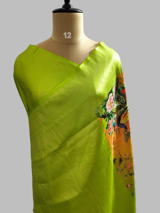 Green with self design semi silk saree