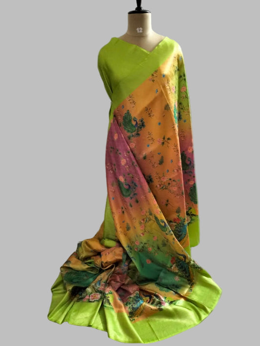 Green with self design semi silk saree