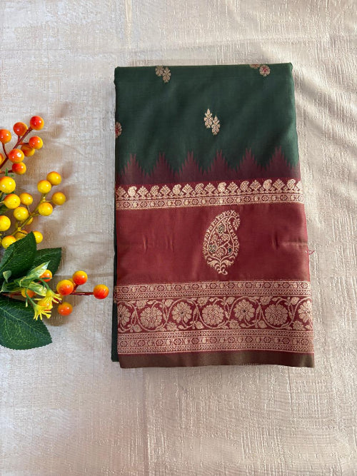 Green with Rust base heavy double border semi silk saree
