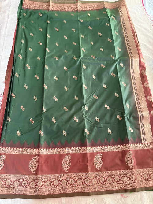 Green with Rust base heavy double border semi silk saree