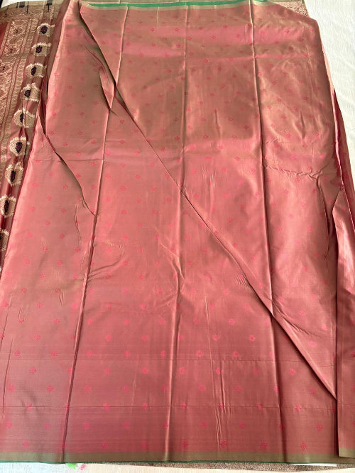 Green with Rust base heavy double border semi silk saree