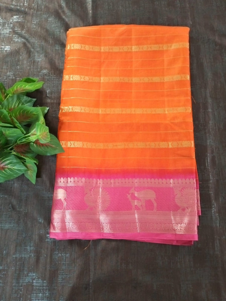 Orange with Pink line golden border on full soft tussar silk saree