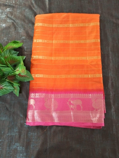 Orange with Pink line golden border on full soft tussar silk saree