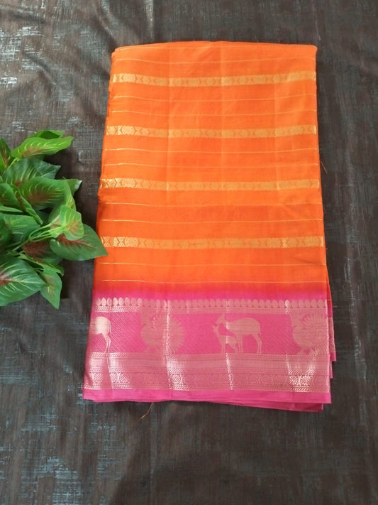 Orange with Pink line golden border on full soft tussar silk saree