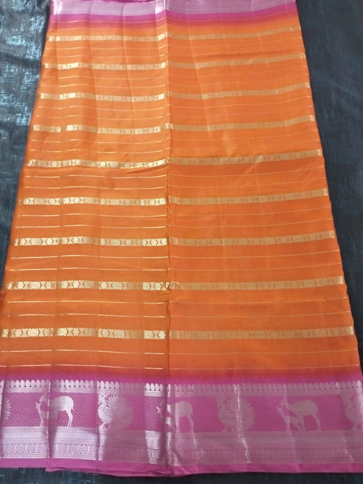 Orange with Pink line golden border on full soft tussar silk saree