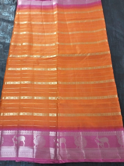 Orange with Pink line golden border on full soft tussar silk saree