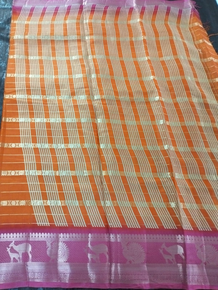 Orange with Pink line golden border on full soft tussar silk saree