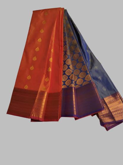 Orange N Dark blue Semi kanchipuram silk with heavy border and  pallu