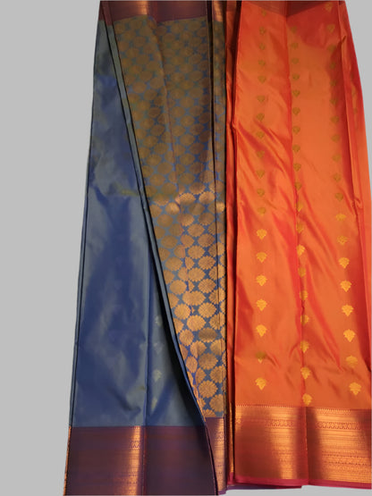 Orange N Dark blue Semi kanchipuram silk with heavy border and  pallu