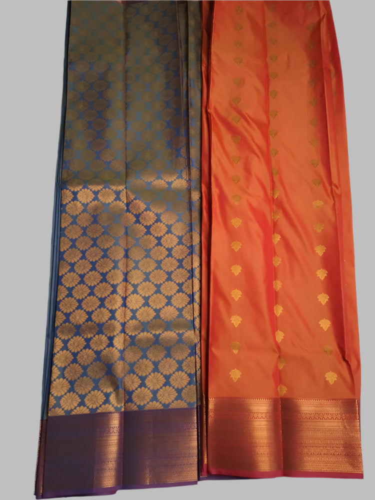Orange N Dark blue Semi kanchipuram silk with heavy border and  pallu
