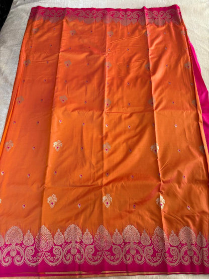 Orange with Pink base heavy border semi silk saree