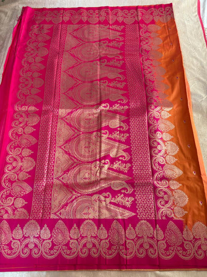 Orange with Pink base heavy border semi silk saree